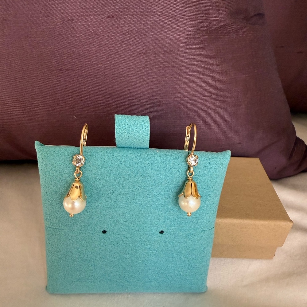 14k Gold Italian and Pearl and Zirconia Drop Vintage Earrings